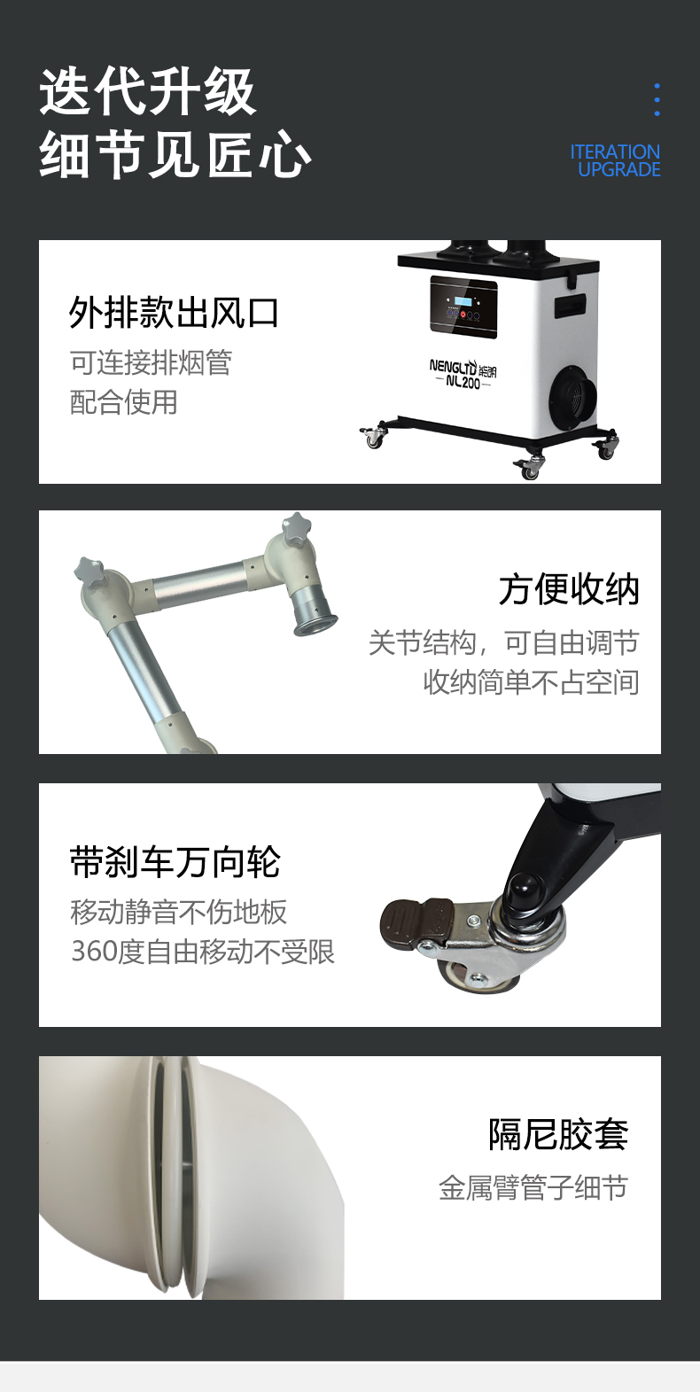 外排款圆形出风口、关节收纳、带刹脚轮和阻尼胶套细节