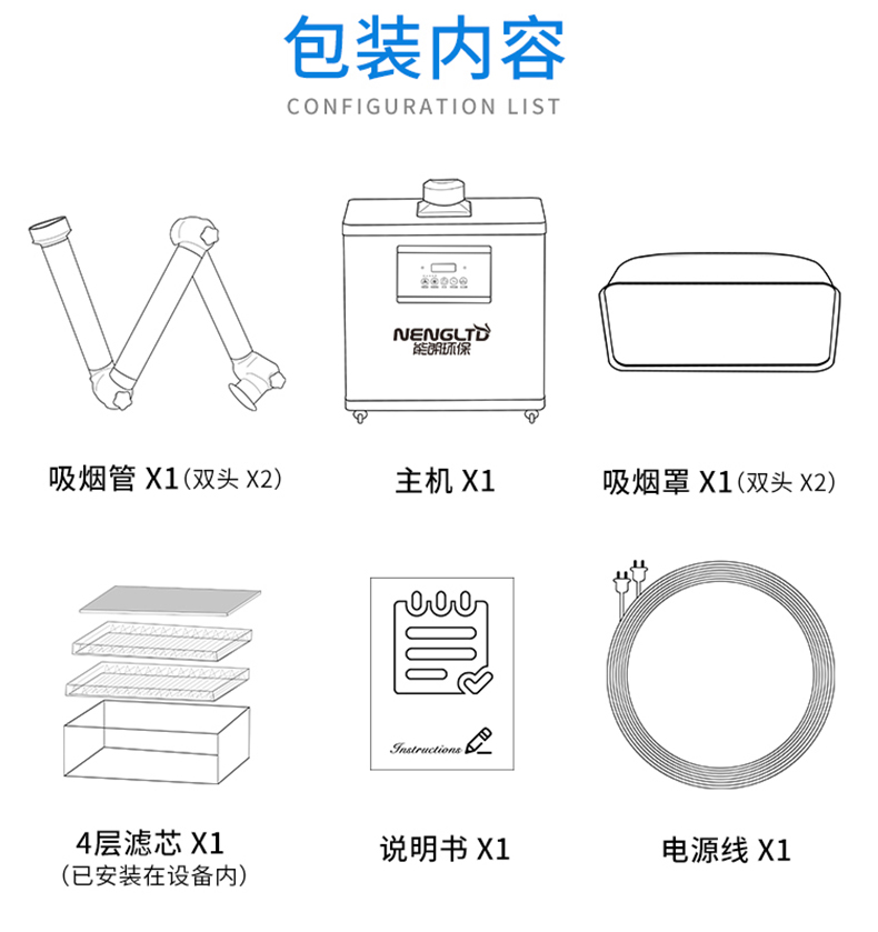 主机、吸烟管、集烟罩、滤芯、说明书和电源线包装清单